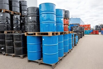 Stack of black and blue chemical barrels on pallets in industrial area, showcasing variety of colors and materials. scene conveys sense of organization and storage efficiency