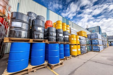 Vibrant collection of colorful chemical barrels stacked neatly outside warehouse, showcasing variety of colors including black, blue, yellow, and orange, under bright sky
