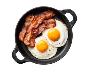 Two sunny-side-up eggs and bacon in a pan isolated on a transparent background