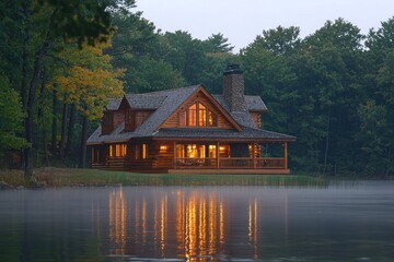 Obraz premium Rustic cabin on a lake at twilight