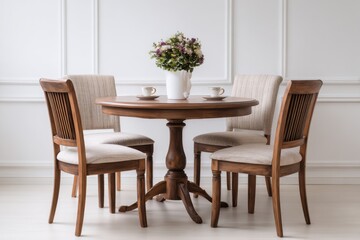 Obraz premium Round wooden table with four chairs around it. Contemporary interior design furnishings arrangement. Home decor, cafe, restaurant furniture concept. Elegant luxurious dining set in classic rich style.