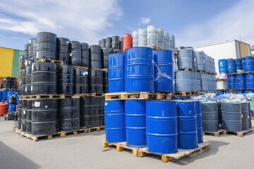 Black and blue chemical barrels stacked on wooden pallets in industrial setting, showcasing variety of colors and sizes. scene conveys sense of organization and storage efficiency