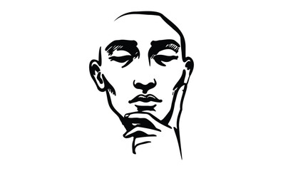 Contemplative line art of thoughtful male face with hand on chin. Vector retro hand drawn illustration.