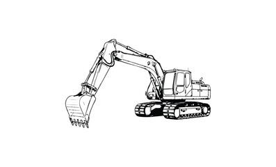 Black and white excavator illustration with detailed arm and tracks. Vector retro hand drawn illustration.