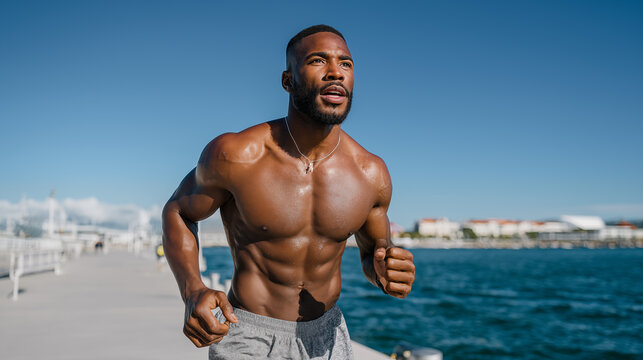 Portrait of a shirtless african american male athlete running on pier - Powered by Adobe