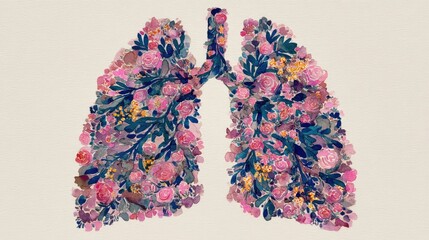 Watercolor painting of lungs formed from pink, purple, and yellow flowers, illustrating breath and floral beauty