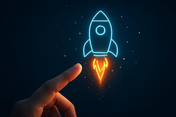 Rocket launch neon sign with finger pointing for startup business and innovation concept design idea