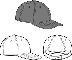 Baseball cap technical flat sketch, front side and back view, adjustable strap, vector template for fashion design and branding