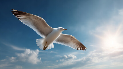 Seagull Flying in Bright Blue Sky with Sunlight

