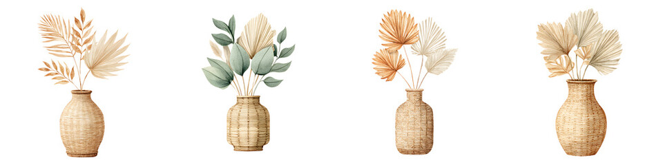 Obraz premium Boho Style Dried Flower Arrangements in Woven Vases - Watercolor Illustration