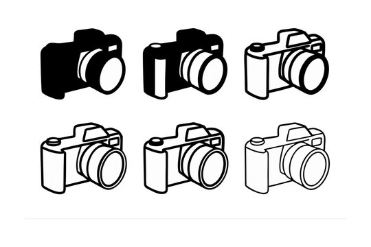 Collection of six stylized illustrations of modern dslr cameras in black and white showing different angles and perspectives