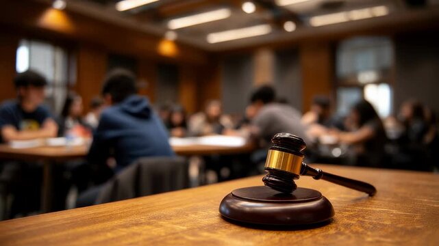 A dynamic scene of law students collaborating in a moot court session using critical thinking and teamwork to refine their legal skills as a prominent gavel serves as a powerful reminder