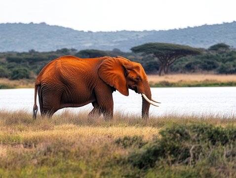 Majestic Red Elephant Walking in Savanna Landscape Near Water