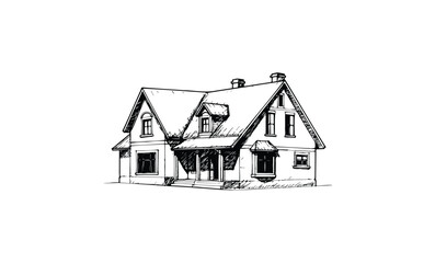 Fototapeta premium Charming two-story house sketch with gabled roof and chimneys. Vector retro hand drawn illustration.