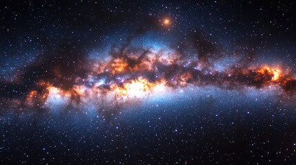 An expansive view of the Milky Way with millions of stars, colorful gas clouds, and celestial phenomena glowing softly