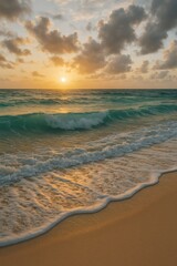 Ocean's Embrace at Sunrise: A tranquil sunrise bathes a pristine sandy beach, as gentle waves caress the shoreline. The scene, a perfect blend of light and shadow, invites peace and serenity.