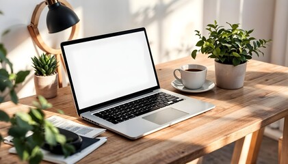 Fototapeta premium Minimalist workspace with laptop, coffee cup, and green plant on wooden desk with white background
