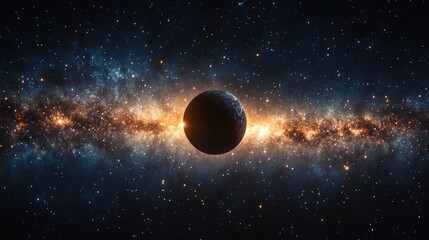 Obraz premium Space scene showing a distant planet silhouetted against a glowing nebula and stars twinkling across the universe