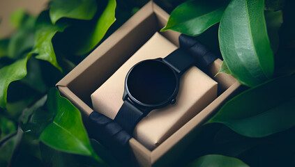Black smartwatch in open box surrounded by green leaves