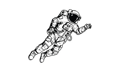 Fototapeta premium Detailed black and white illustration of an astronaut floating in space. Vector retro hand drawn illustration.