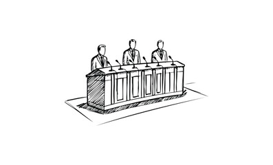 Fototapeta premium Illustration of three caucasian male adults at a podium debate conference. Vector retro hand drawn illustration.