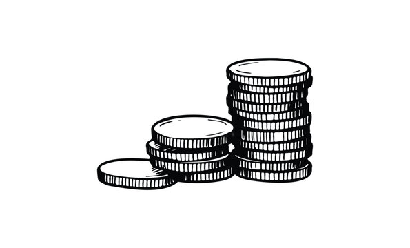 Hand-drawn stacks of coins illustration with multiple heights. Vector retro hand drawn illustration.