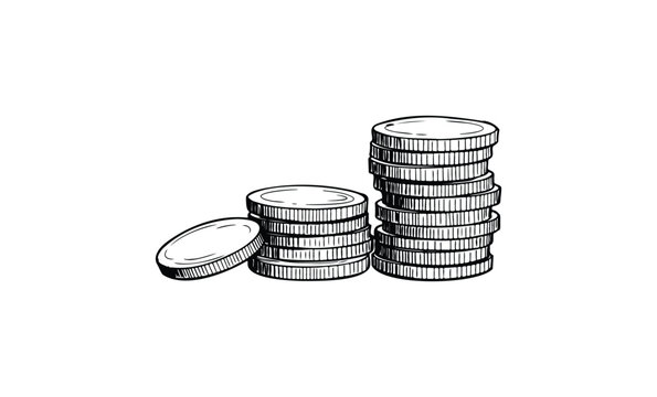 Hand-drawn stacked coins illustration on white background. Vector retro hand drawn illustration.