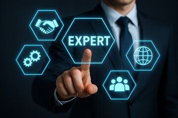 Expert business consultant pointing at expert icon for consulting services and business solutions online now