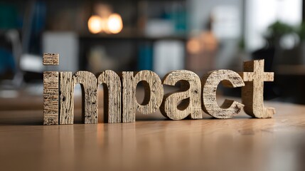 Vibrant depiction of wooden impact letters on a polished office desk with a dynamic interactive backdrop that highlights clear communication and modern design