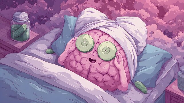 Detailed cartoon illustration showcasing a whimsical brain embracing relaxation and self-care with humorous accessories and calming aesthetics