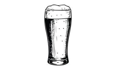 Hand-drawn illustration of a classic pint glass with foamy beer and bubbles. Vector retro hand drawn illustration.