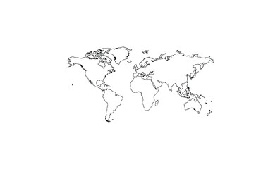 Minimalist black and white world map outline on white background. Vector retro hand drawn illustration.