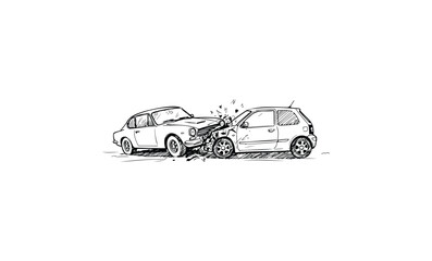 Obraz premium Black and white drawing of two cars in a head-on collision. Vector retro hand drawn illustration.
