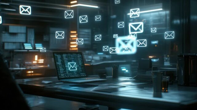 Modern Office Workspace with Futuristic Technology and Digital Messaging System in a Dark Environment 4k video footage