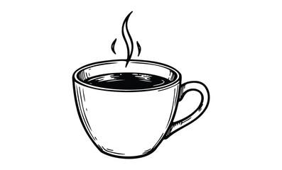 Hand-drawn coffee cup illustration with steam and bold lines. Vector retro hand drawn illustration.