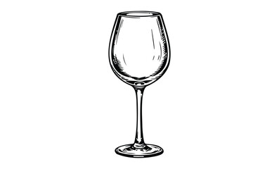 Elegant black and white sketch of empty wine glass on white background. Vector retro hand drawn illustration.