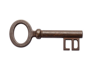 Antique metal key with intricate details isolated on a white background.