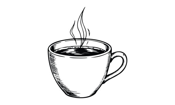 Hand-drawn steaming coffee cup illustration with detailed line art. Vector retro hand drawn illustration.