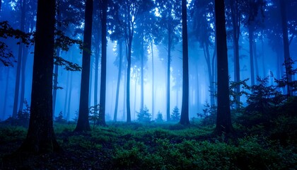 Mystical blue forest at dawn