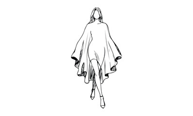 Female fashion illustration: elegant cape dress design sketch. Vector retro hand drawn illustration.