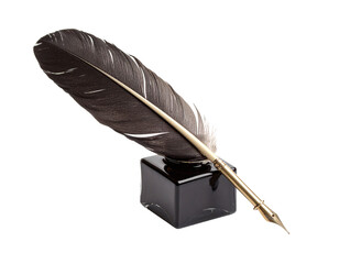 Vintage feather quill pen with a dark plume and inkwell, isolated on white.