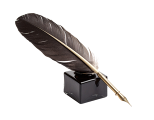 Vintage feather quill pen with a dark plume and inkwell, isolated on white.