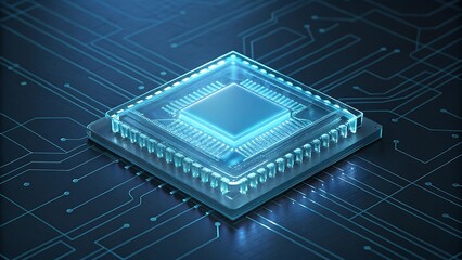 Glowing blue microchip processor on circuit board technology electronic