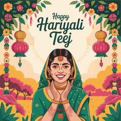 Flat happy hariyali teej indian festival celebration vector illustration