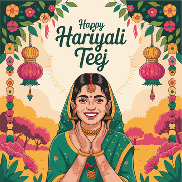 Flat happy hariyali teej indian festival celebration vector illustration