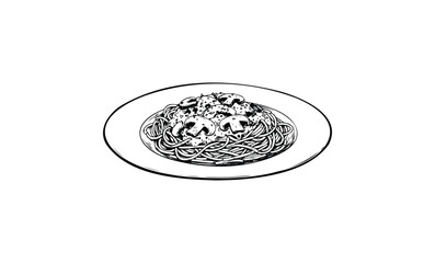 Black and white illustration of spaghetti with mushrooms on plate. Vector retro hand drawn illustration.
