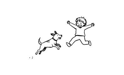 Fototapeta premium Joyful child playing with happy dog sketch. Vector retro hand drawn illustration.