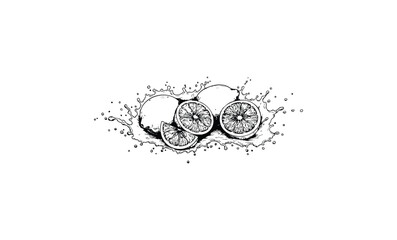 Black and white lemon splash illustration with detailed citrus halves. Vector retro hand drawn illustration.