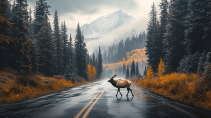 Majestic Elk Crossing a Quiet Road in Wilderness Landscape