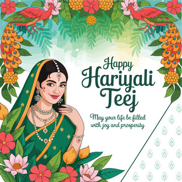 Flat happy hariyali teej indian festival celebration vector illustration